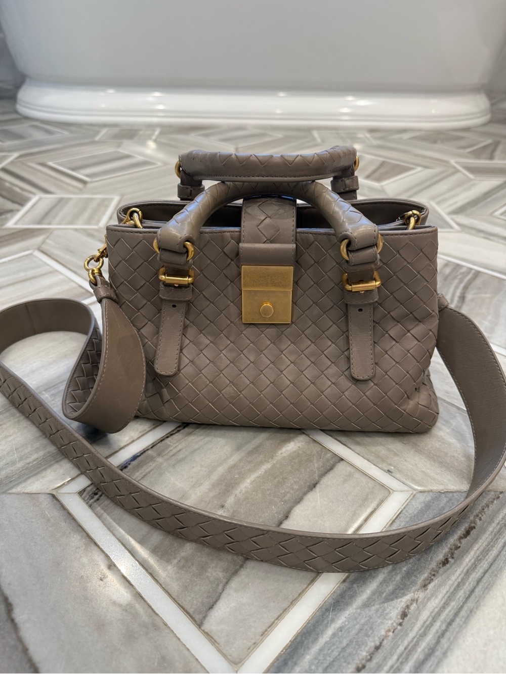 Bottega Veneta mini Roma intrecciato limestone bag